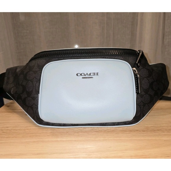 COACH CY777 Racer Belt Bag In Colorblock Signature Canvas & Leather Light Blue